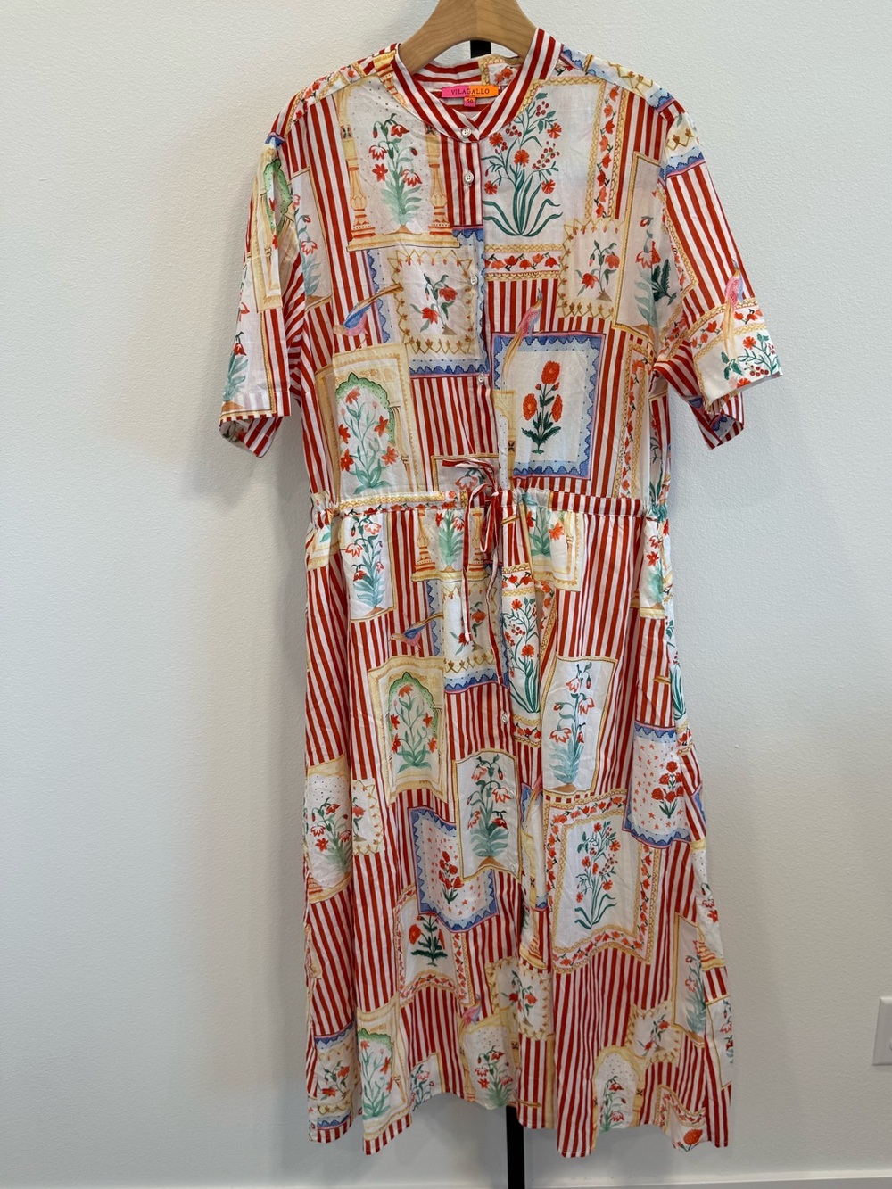 Vilagallo Aroa Patchwork Rayas Print Red & White Stripe Midi Dress XL Euro Vacay